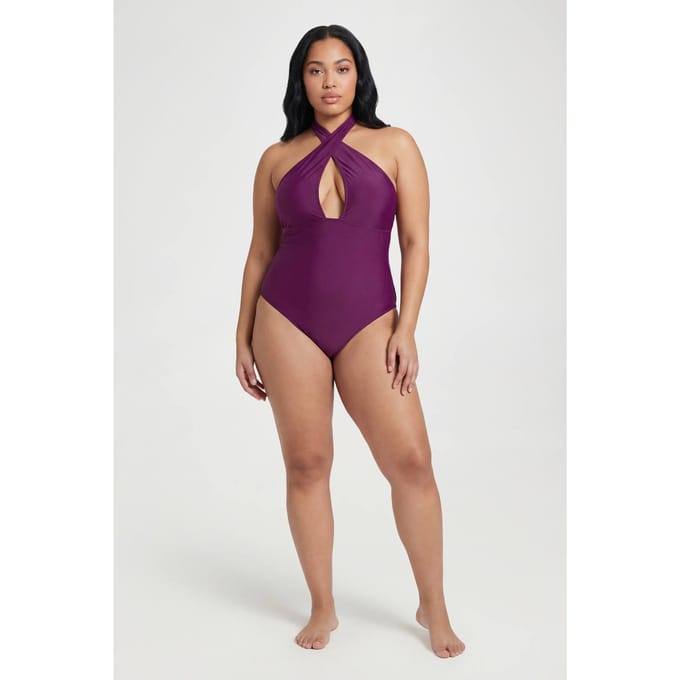 boohoo Dames Plus Halter Crossover Badpak Met Keyhole Detail | Violet | Maat: 44
