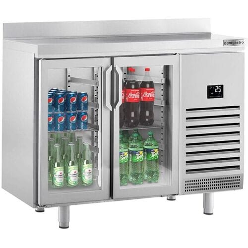 GGM Gastro Bar koelwerkbank PREMIUM PLUS - 1468x700mm - 305l - met 2 glazen deuren & spatrand zilver
