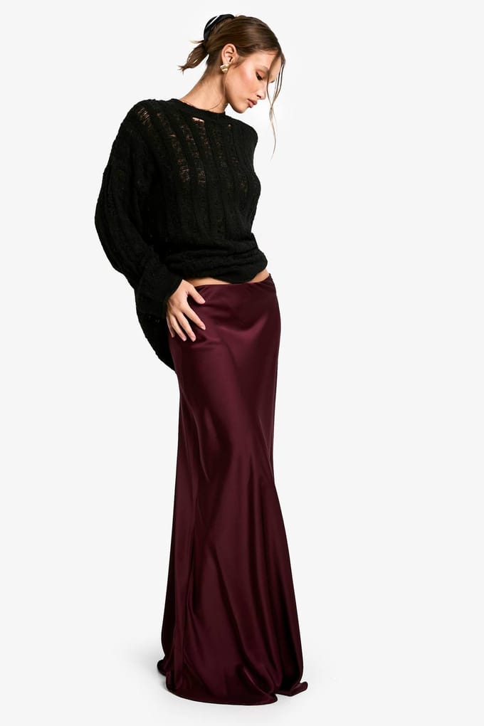 boohoo Dames Satijn Slip Maxi Rok | Bordeaux Rood | Maat: 34