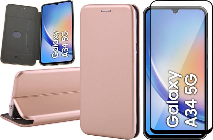 Hoesje geschikt voor Samsung Galaxy A34 - Screen Protector FullGuard - Book Case Kunstleer ThinShield Roségoud & Screenprotector