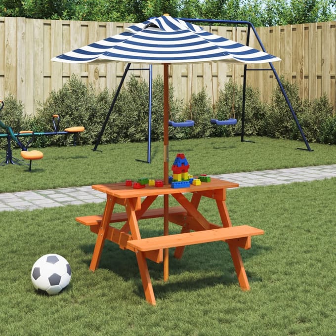 vidaXL - Picknicktafel - voor - 4 - kinderen - met - parasol - massief - vurenhout
