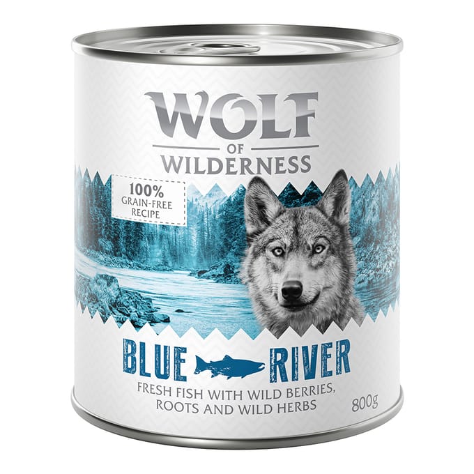 6x800g Blue River Vis Wolf of Wilderness Hondenvoer