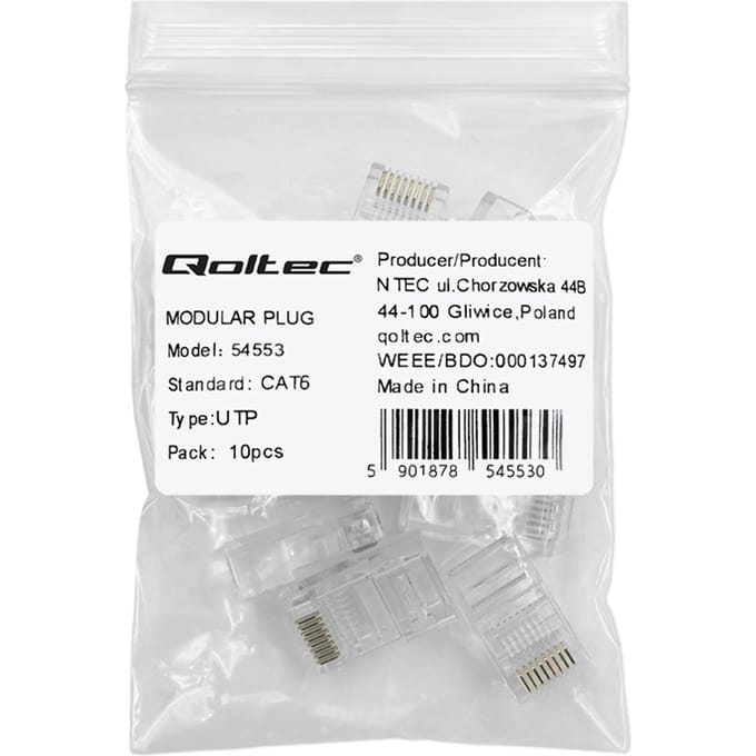 Qoltec Plug RJ45 modulaire connector |   CAT6 |   UTP |   Vergulde contacten |   10 stuks