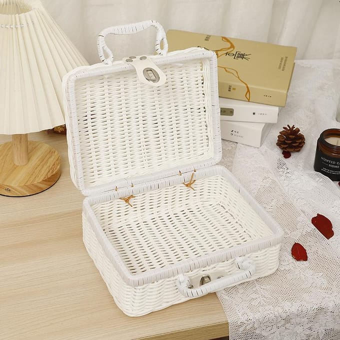 Geweven Picknickmand Plastic Rotan Geurloos Retro Geweven Opbergdoos met Ringvormig Handvat voor Large wit