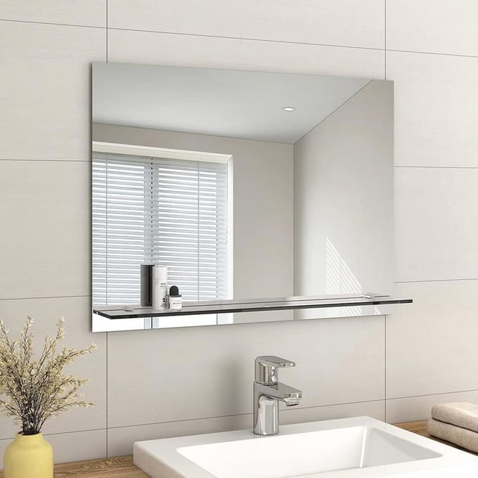 Rechthoekige Frameloze Spiegel met Plank voor Badkamer - Functionele Muurspiegel 80 x 60 cm