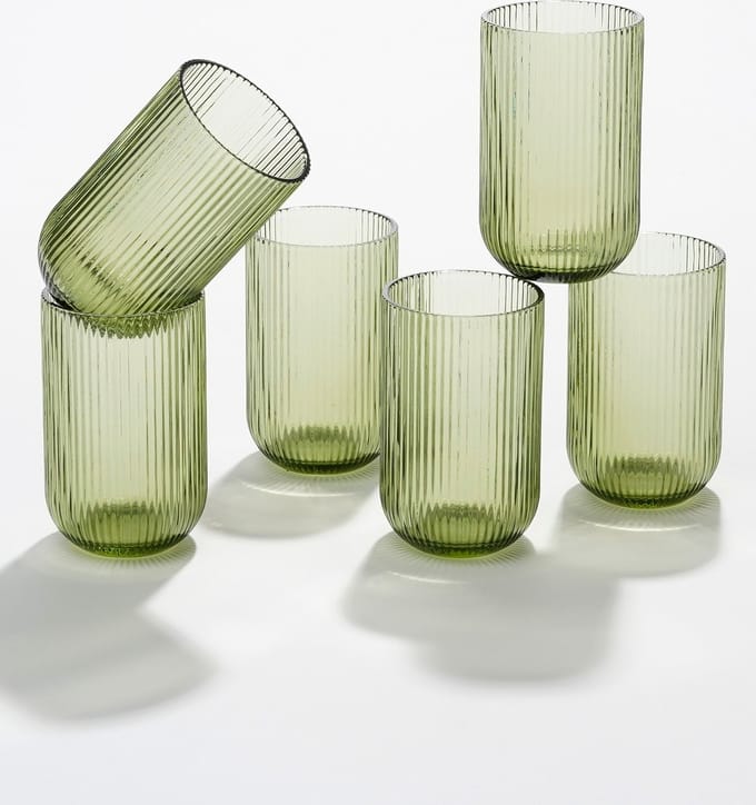 Mica Decorations Merlot Geribbelde Drinkglazen - Set van 6 - 400 ml - Glas - Lichtgroen