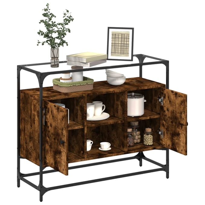 vidaXL - Dressoir - met - glazen - blad - 98x35x81 - cm - hout - gerookt - eikenkleurig