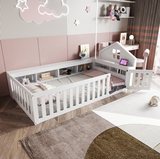 COVREO Kinderbed 222,6x112x87,5 cm - wit, met opbergruimte, veiligheidsgitters en lattenbodem