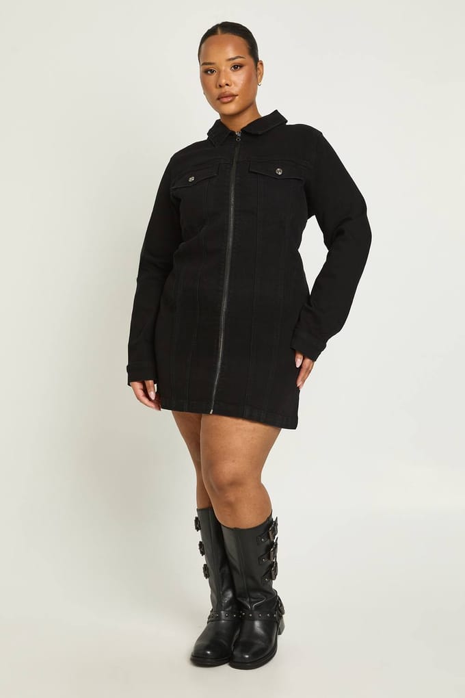 boohoo Dames Plus Denim Rits Shift Jurk | Black | Maat: 16