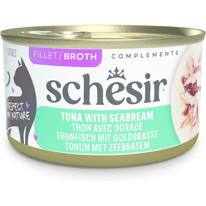 12x 70g Schesir Complements in Brühe Thunfisch mit Dorade Katzenfutter nass