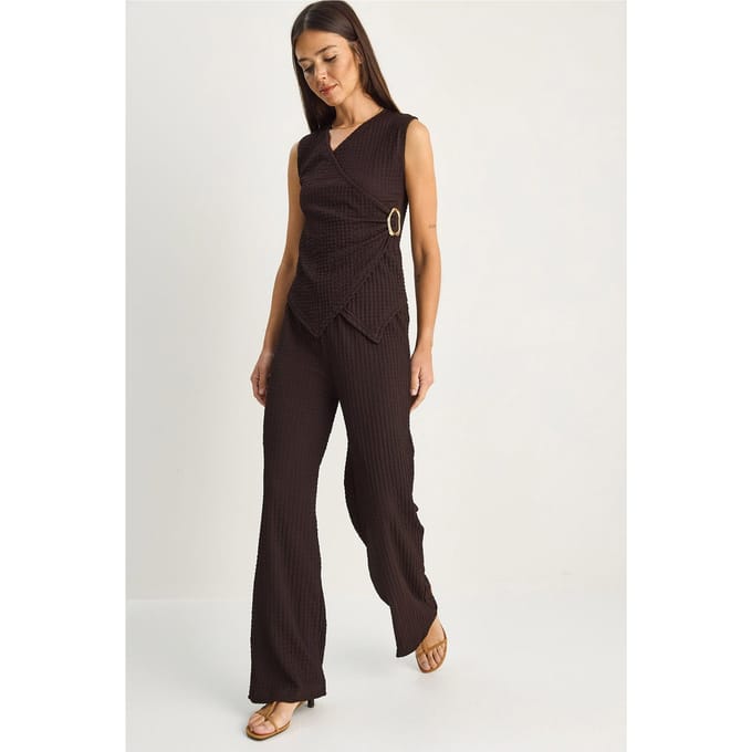 Geribbelde Mouwloze Blouse en Brede Pantalon Set