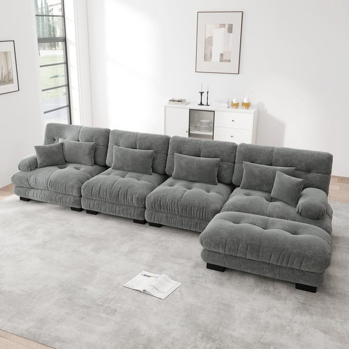 MODFU Modulaire Hoekbank - Verplaatsbare Ottoman - Vintage - Woonkamer - Chenille - Grijs