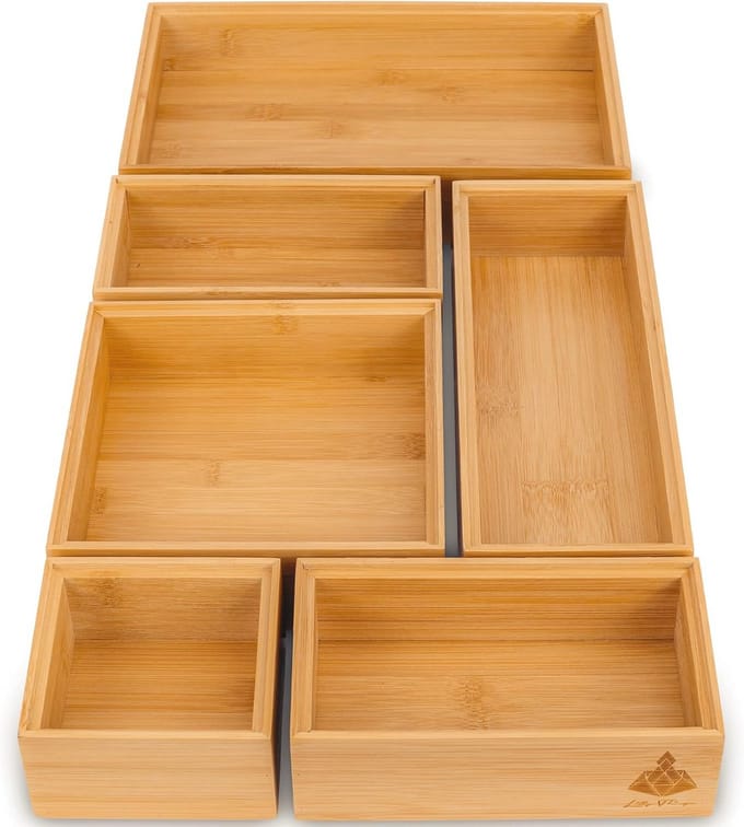 Antislip Bamboe Opbergsysteem - 6-delig Lade-Organizer voor Make-up, Bureau en Keuken