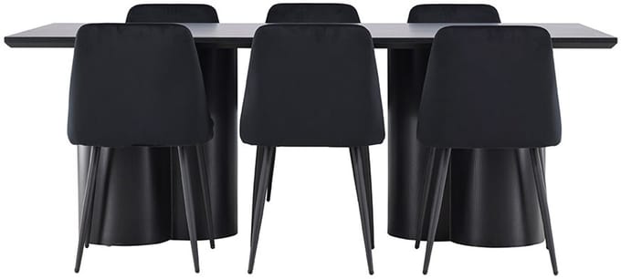 Olivia eethoek tafel 100x210cm en 6 velours stoelen zwart.