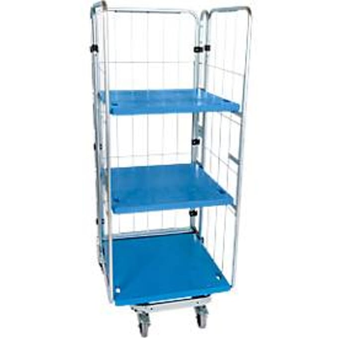 Nestbare rolcontainer, 3-zijdig, 2 tussenlegborden,