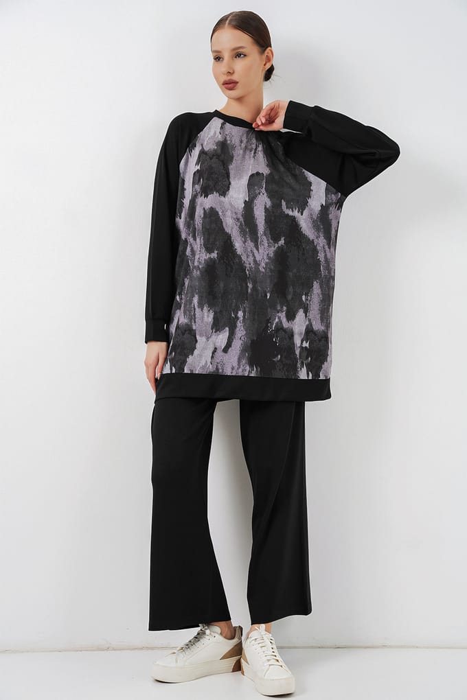 Oversized Abstract Print Crew Neck Tuniek & Broek Set