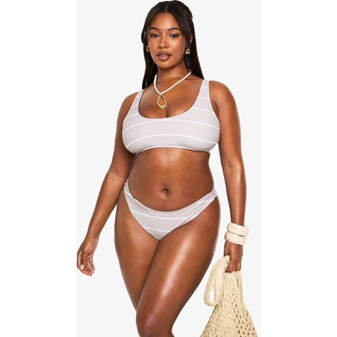 boohoo Dames Plus Swimwear Essentials gestreepte bikini-bottoms | Steen | Maat: 48