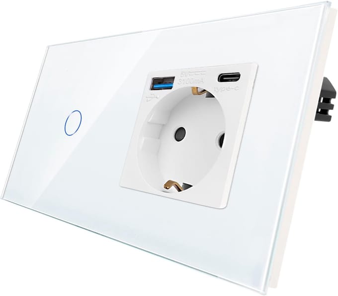 Touch-lichtschakelaar met Schuko-stopcontact en USB-poorten voor eenvoudig gebruik