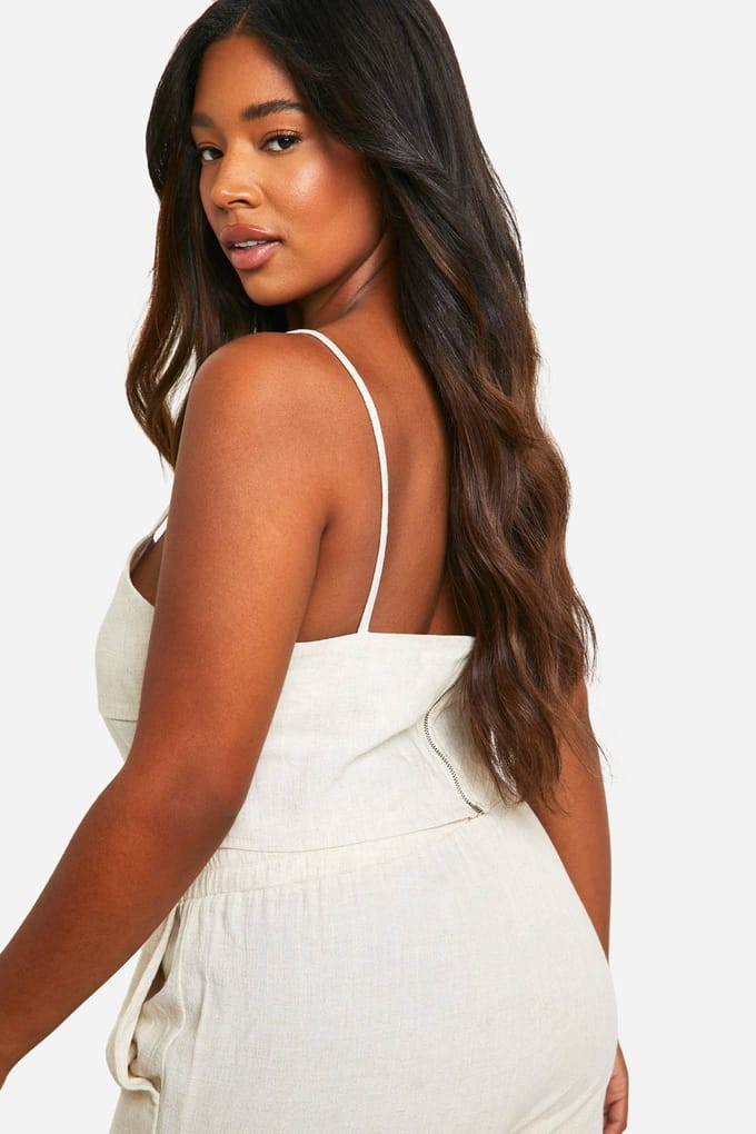 boohoo Dames Plus Linnen Look Corset Top met Veters | Steen | Maat: 52