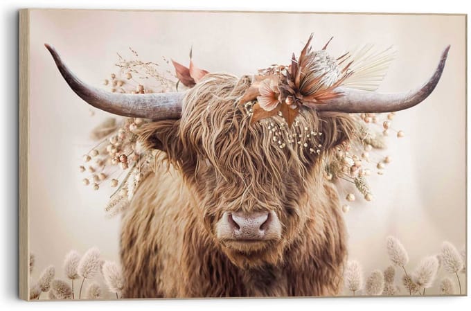 Schilderij Highlander in bloemen - 90 x 60 - Hout - REINDERS
