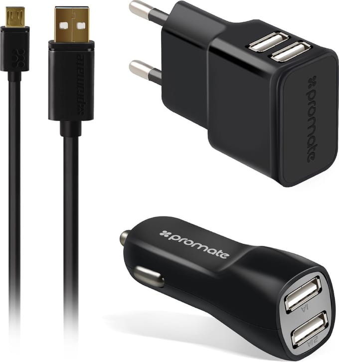 Promate Carkit - Geschikt voor Android Smartphone en Tablet - 3.1A - Autolader USB - Micro USB 1.2m - Adapter - Voor Thuis en Onderweg
