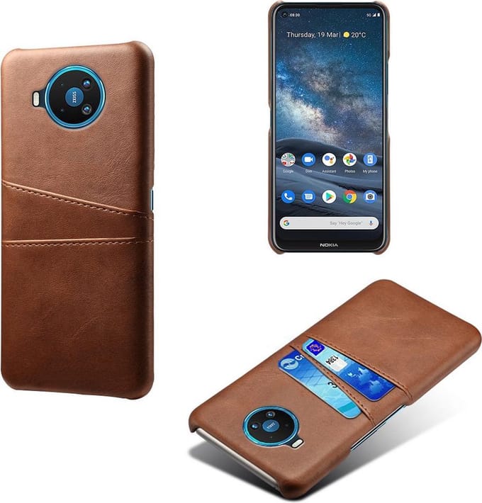 Back Cover met Opbergvakjes + Full Cover Gehard Glas Screenprotector voor Nokia 8.3 5G _ Donkerbruin