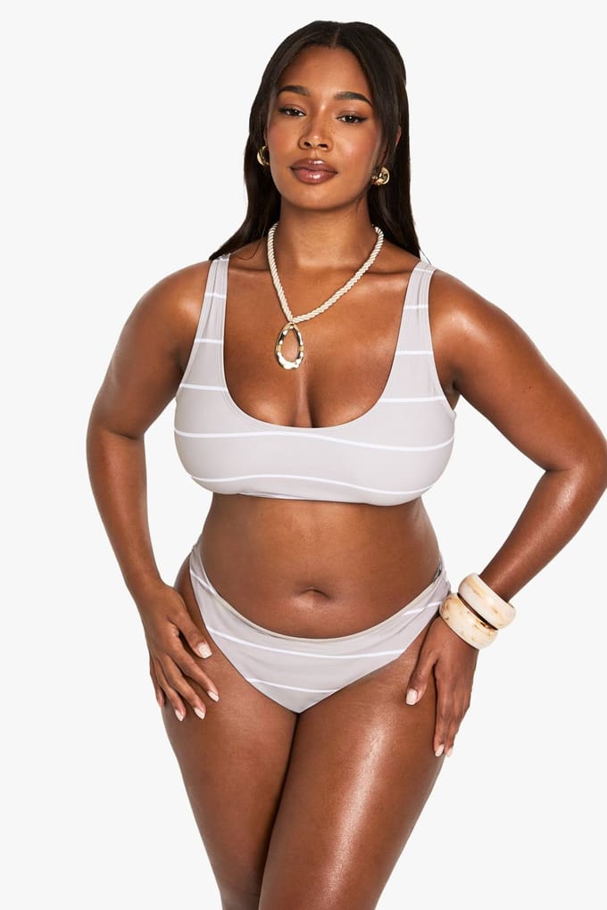 boohoo Dames Plus Swimwear Essentials gestreepte bikini-bottoms | Steen | Maat: 48