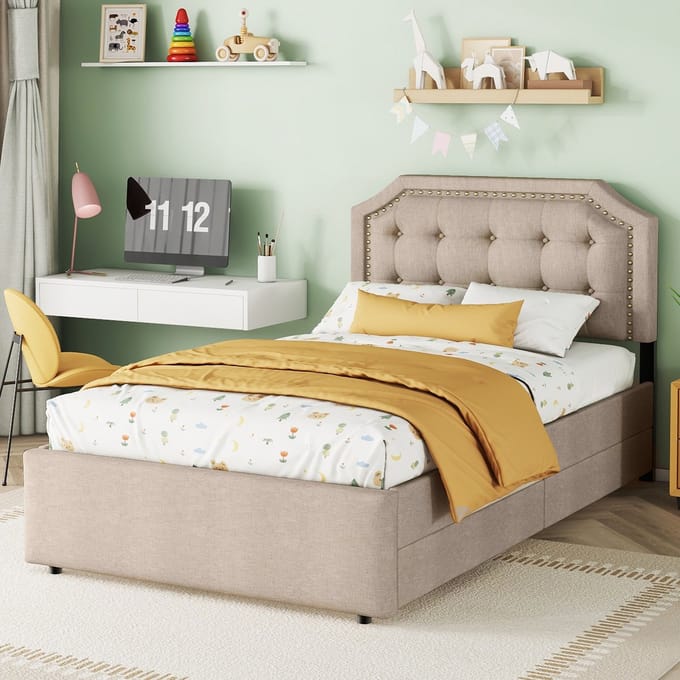 REDOM Bedframe 90x200x111.5 cm van MDF en linnen, met hoofdbord en 2 lades