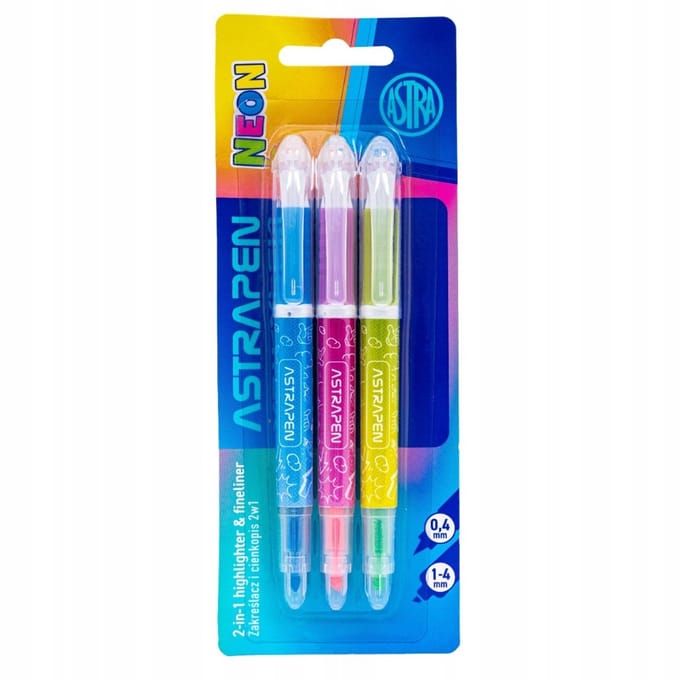Astrapen 2-in-1 Neon Markeerstift & Fineliner, 3 Stuks