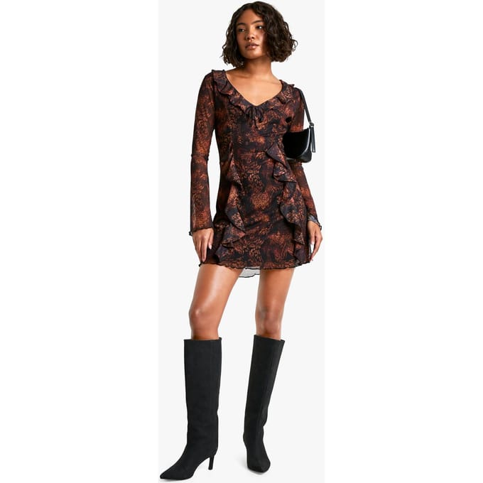 boohoo Dames Lange Dierenprint Ruffle Shift Jurk | Bruin | Maat: 36