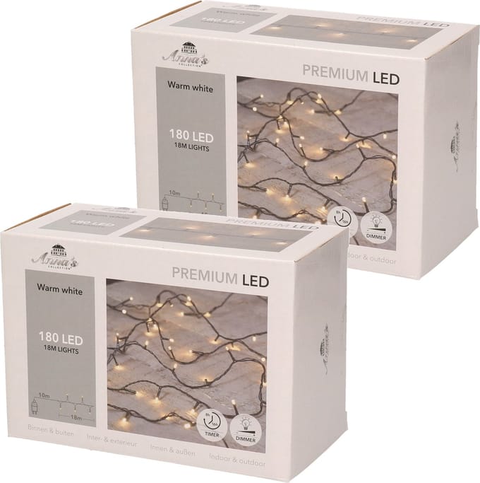 Anna's Collection Kerstverlichting - 2x - 180 LED lampjes - warm wit - 18 m - kerstlampjes - lichtsnoer