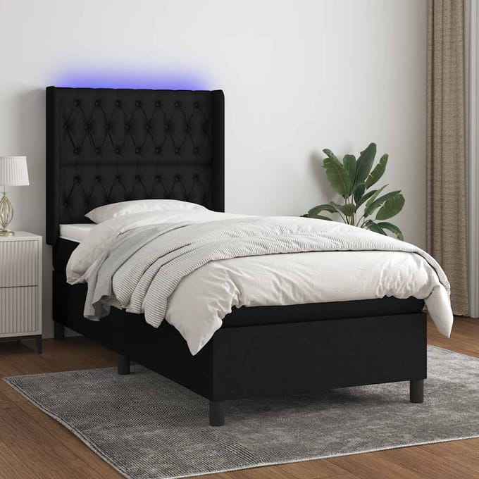 vidaXL - Boxspring - met - matras - en - LED - stof - zwart - 90x200 - cm