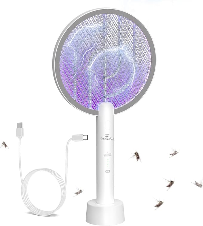 SnelShoppen - Elektrische Vliegenmepper 2 in 1 - 4000V USB Oplaadbare Insectendoder met Oplaadbasis - Voor Muggen, Vliegen, Bijen, Motten - Wit - Idea