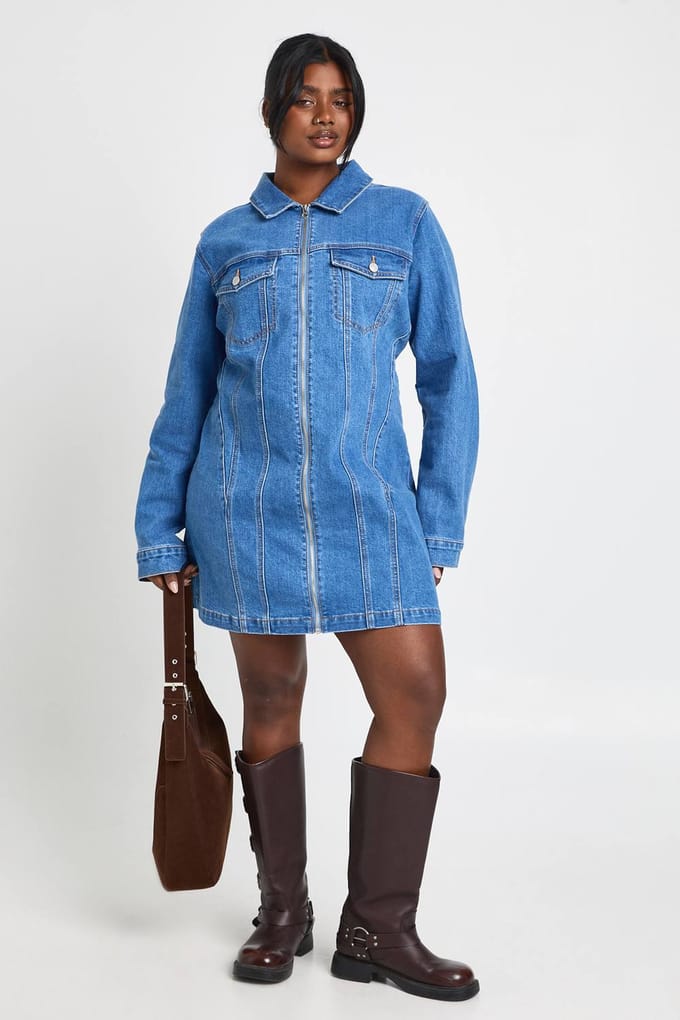 boohoo Dames Plus Size Denim Jurk met Rits | Mid Blue | Maat: 26