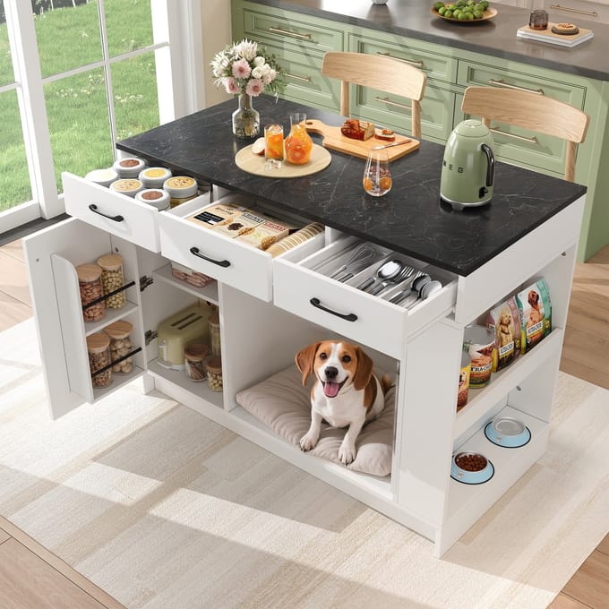 PHOEBE CAT Keukeneiland - Eettafel - 3 lades - Verstelbare planken - Marmerlook - Wit + Zwart