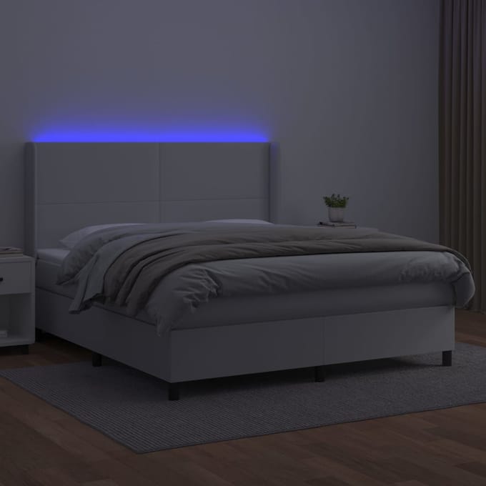 vidaXL - Boxspring - met - matras - en - LED - kunstleer - wit - 160x200 - cm