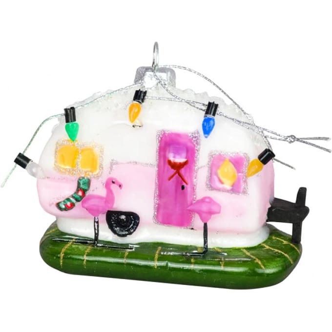 House Vitamin Xmas hanger -happy caravan -pink glass 10x5x8cm