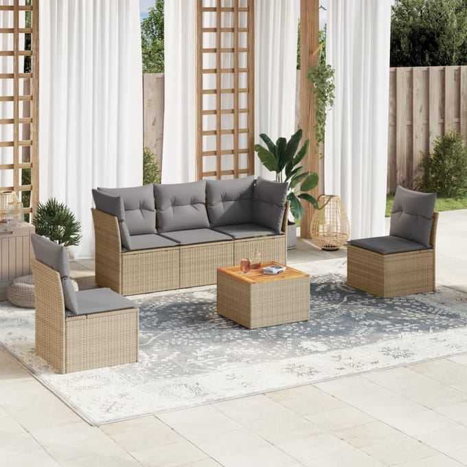 vidaXL - 6-delige - Loungeset - met - kussens - poly - rattan - beige