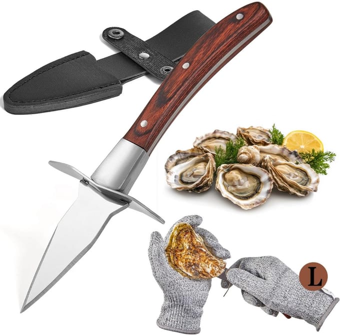 SVN® Oestermes - Oesterset - Oestermes en Handschoen - Bruin - 17cm x 10cm x 1cm