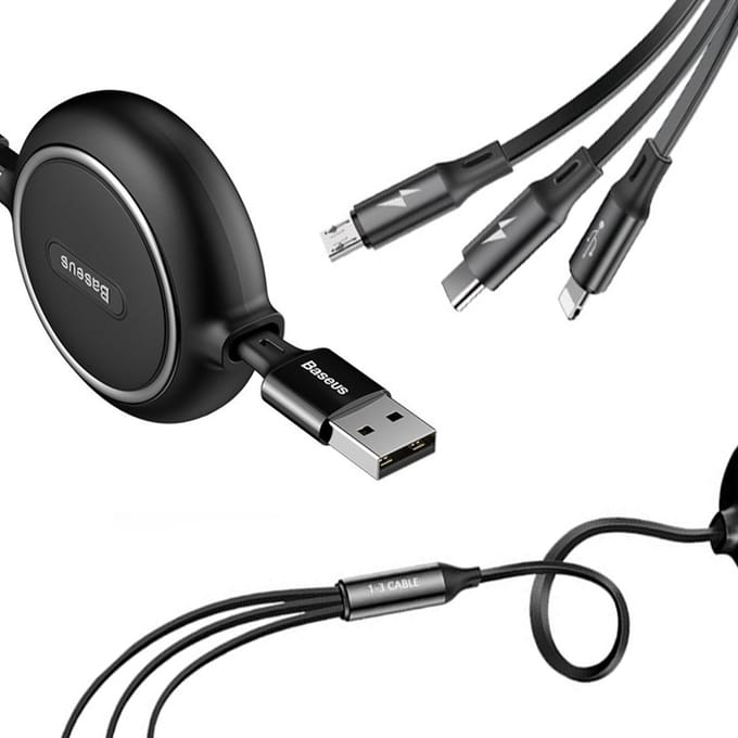 Baseus - Golden - Loop 3in1 intrekbare kabel USB - micro USB / Lightning / USB-C 3.5A 35cm - 120cm zwart - (CAMLT-JH01)