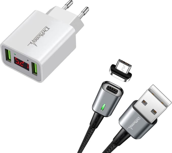 DrPhone iCON - Magnetische Micro USB Oplaadkabel 3A + Thuislader 2 poorten USB Oplader 2.2A met LED Display - Zwart & Wit