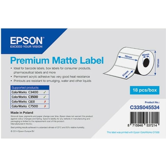 Epson C33S045534 Premium Matte Etiket Wit (51 mm x 76 mm)