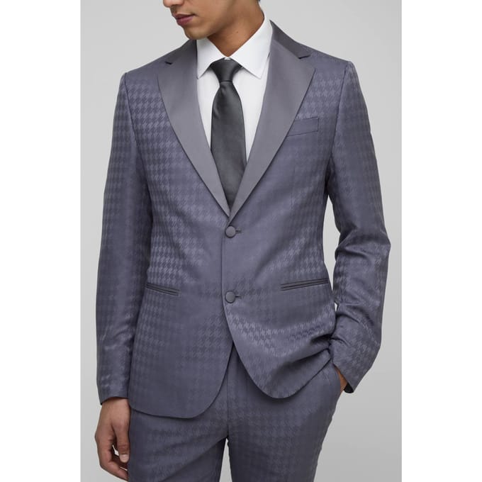 Tonal Houndstooth Slim Fit Single Breasted Jacket | Charcoal | Size 44