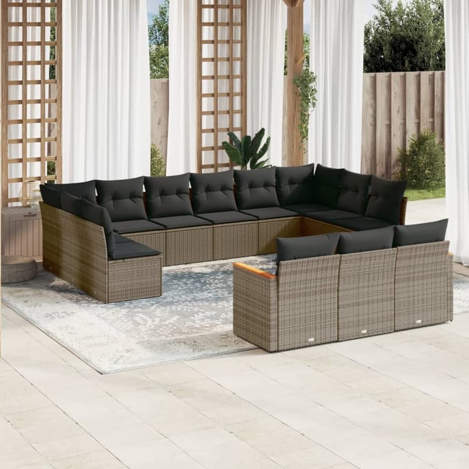vidaXL - 13-delige - Loungeset - met - kussens - poly - rattan - grijs