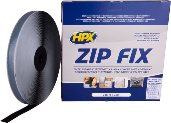 Zip fix klittenband (haak) - zwart 20mm x 25m