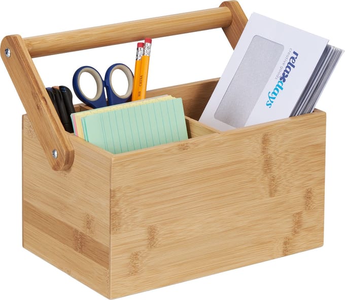 bureau organizer - met handvat - 4 vakken - bamboe - pennenbak