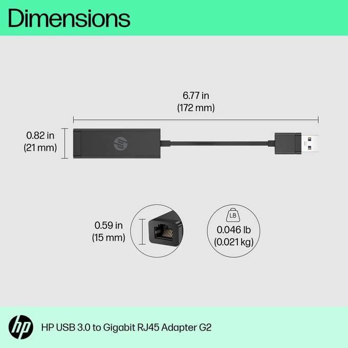HP USB 3.2 Gen 1 (USB 3.0), RJ45 Adapter [1x USB-A-stekker - 1x RJ45-bus] USB-A - RJ45 Adapter G2 0.1 m