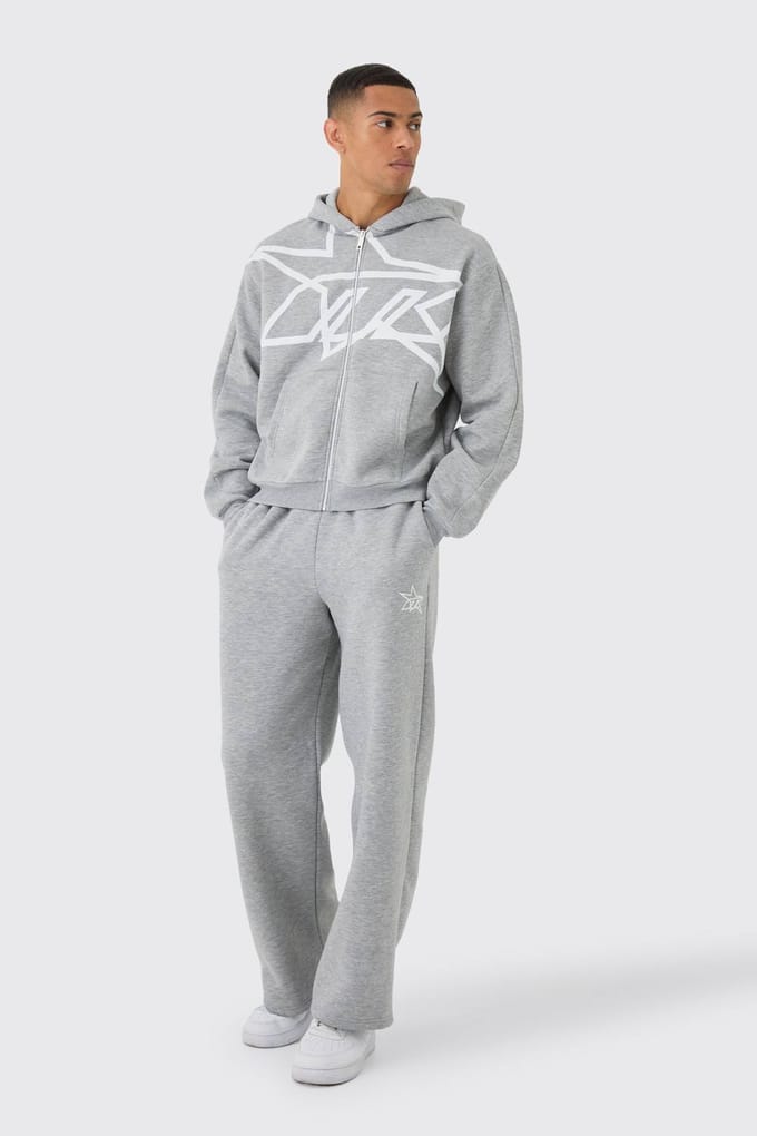 Oversized boxy hooded tracksuit met sterrenprint en ritssluiting | Grey Marl | Size Medium