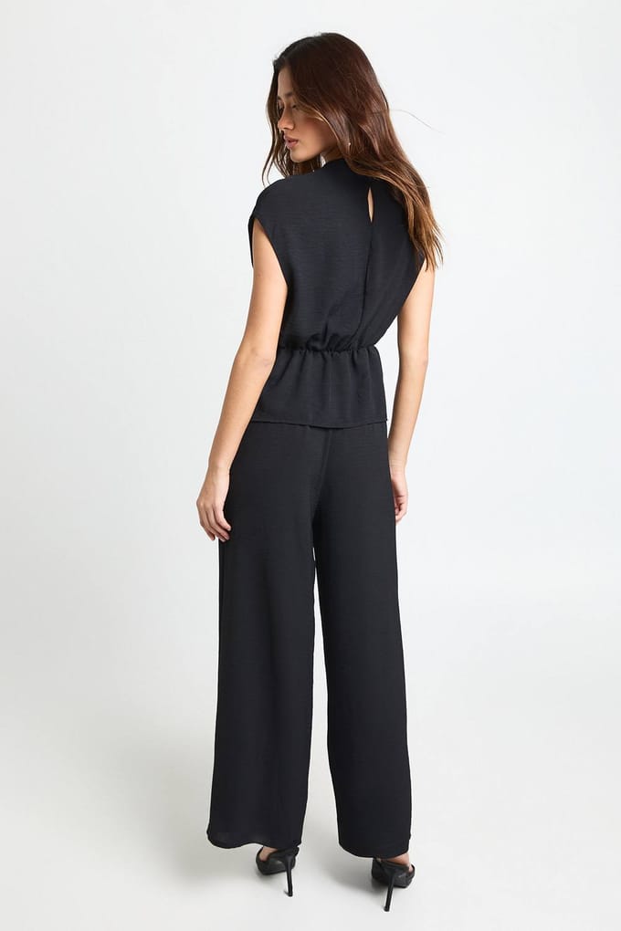 boohoo Dames Petite geweven draperende blouse & broek co-ord | Black | Maat: 6