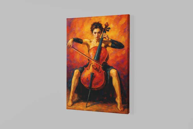 Canvas Schilderij - Vrouw en Cello - Kunst - Wanddecoratie - 60x40x2 cm